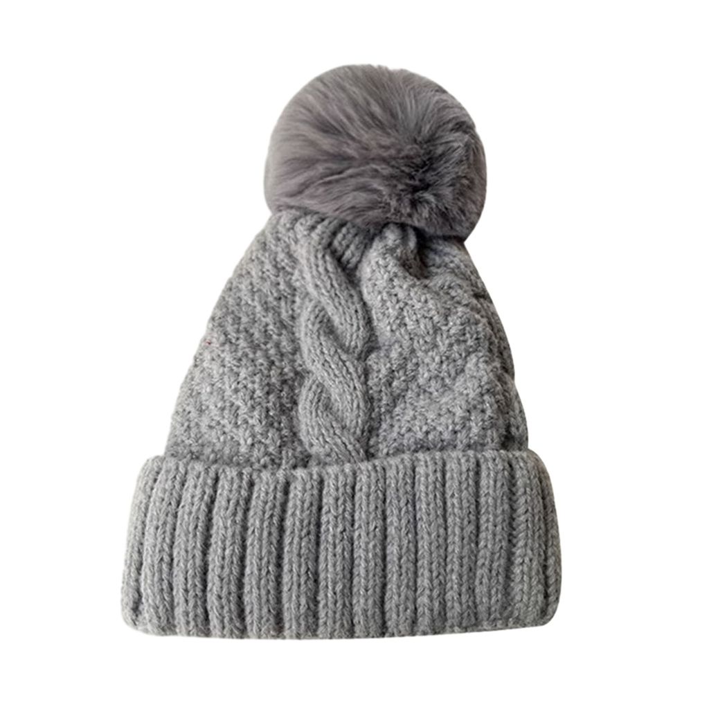 Damen Herbst-Wintermütze, verdickt, gestrickt, weich, elastisch, warm, rutschfest, Ohrenschutz, Plüschball-Dekor, verdrehtes Muster, Outdoor-Bean...
