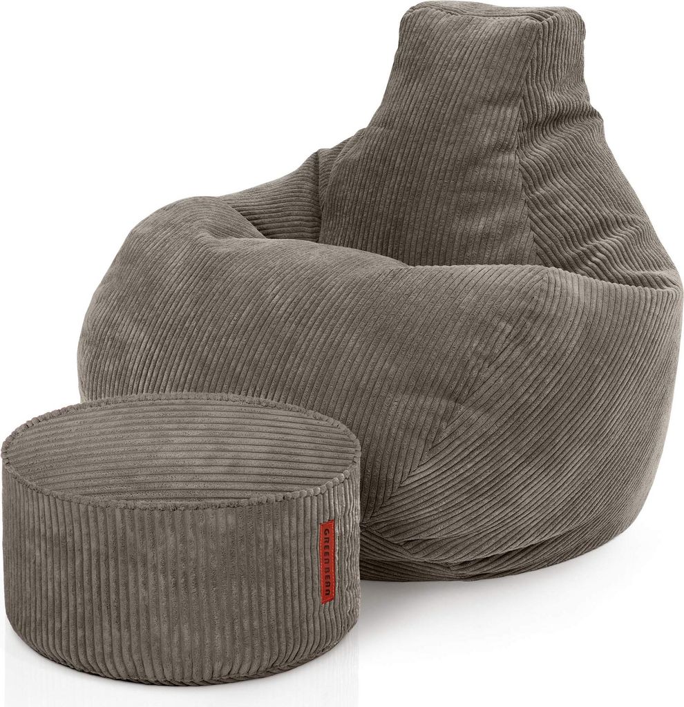 Green Bean Sitzsack mit Hocker aus Cord - Sitzsäcke für das Wohnzimmer, Schlafzimmer, Sitzsack-Sessel für Erwachsene Dunkelgrau
