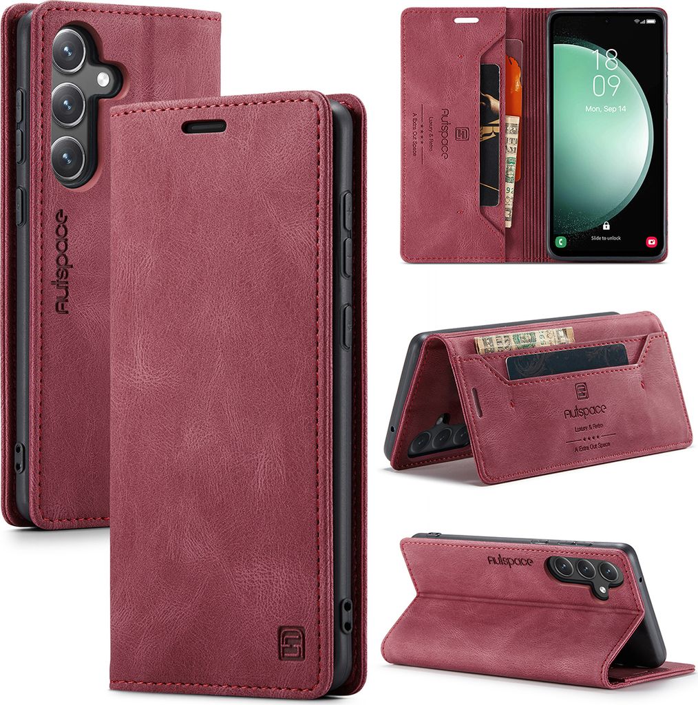 Samsung Galaxy S23 FE Hülle, Retro Kunstledertasche Stand Schutzhülle für Samsung Galaxy S23 FE Rot