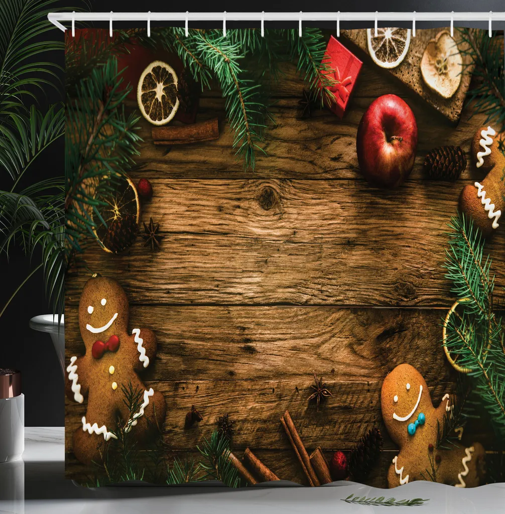 ABAKUHAUS Tenda da doccia natalizia, scatola regalo con omino di pan di zenzero, legno di conifera, pino, cannella, dessert su tema rustico in legno, set decorativo per bagno in tessuto con ganci, 175x200 cm, marrone verde - 4