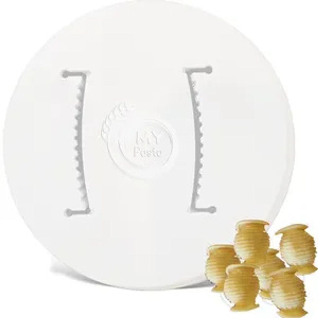 A white mold with text and a group of small, hive-shaped pasta pieces in the foreground.