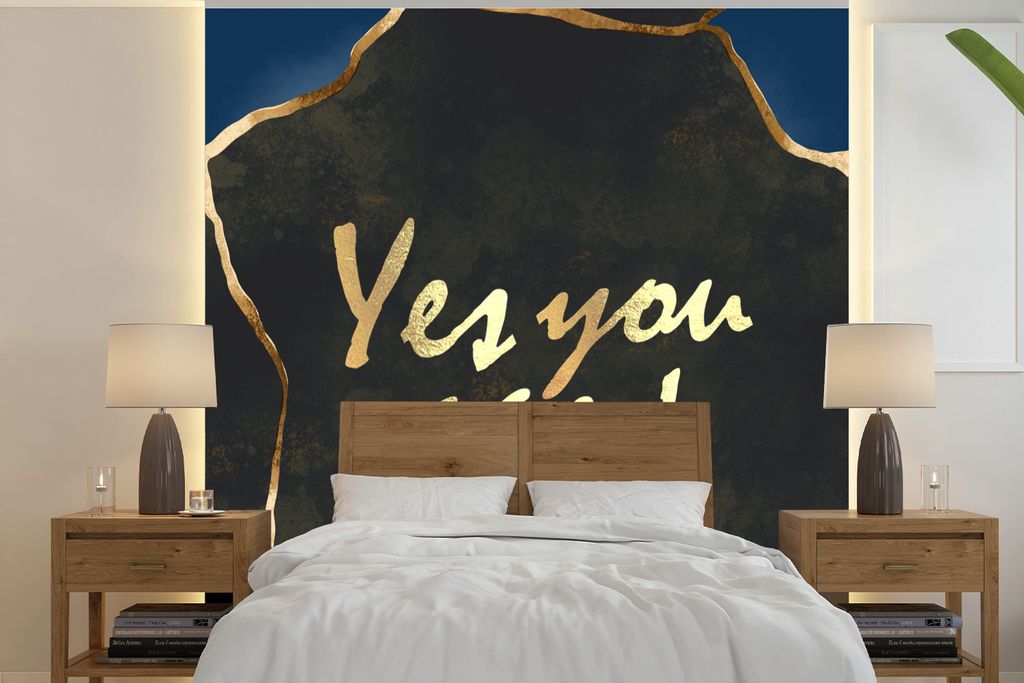 MuchoWow Fototapete für Wohnzimmer oder Schlafzimmer Wandtapete Vinyl Motivtapete Zitate - Motivation - Gold - Braun - 300x300 cm - Wanddekoration