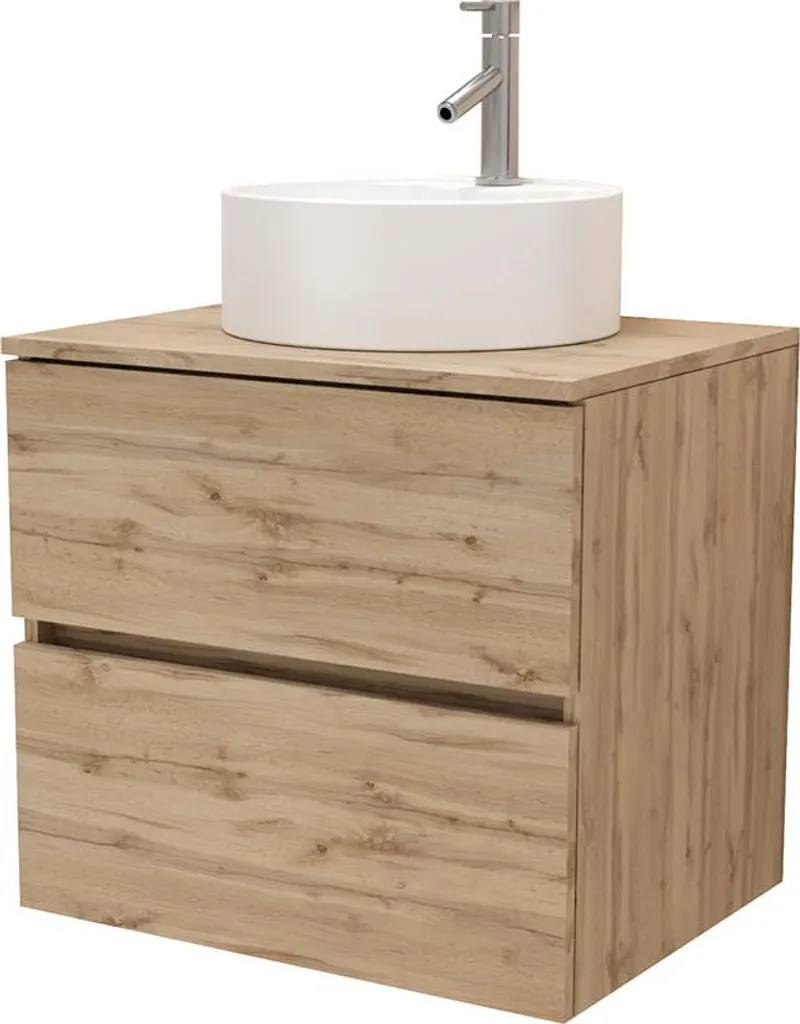 Ensemble Meuble de Lavabo 60cm et Vasque à Poser Blanche Chêne Naturel