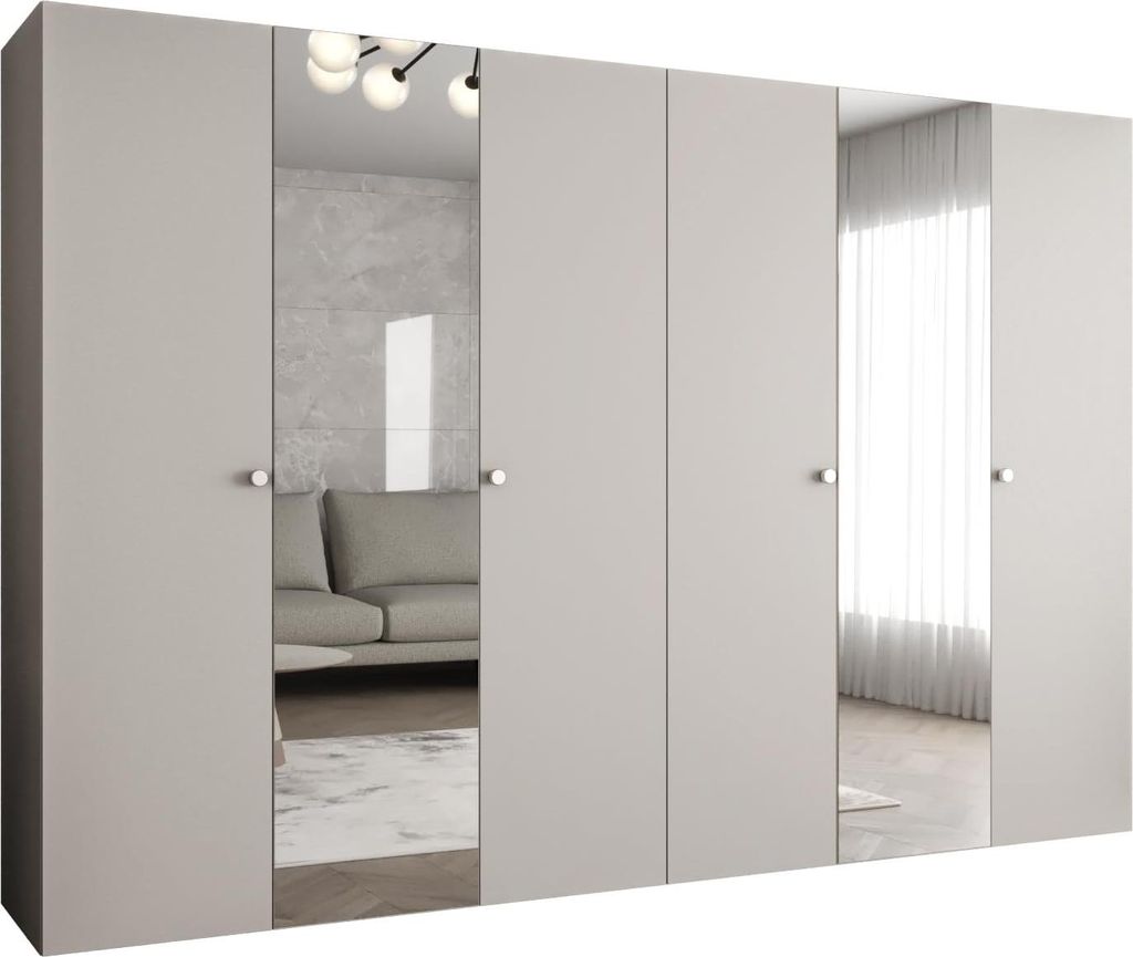 MEBLE KRYSPOL Schrank 300x202x52 cm mit Kleiderstange & Spiegel, 6xTür, PARMA, Kaschmir, Griff Silber