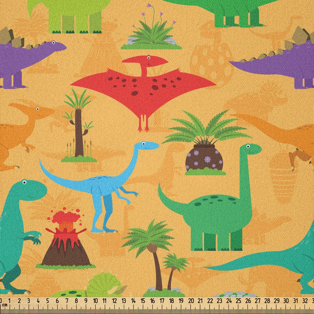 ABAKUHAUS Fantasie Microfaser Stoff als Meterware , Verschiedene Arten der Dinosaurier Prähistorische Pflanzen und Vulkan Eruption Illustration, 3...