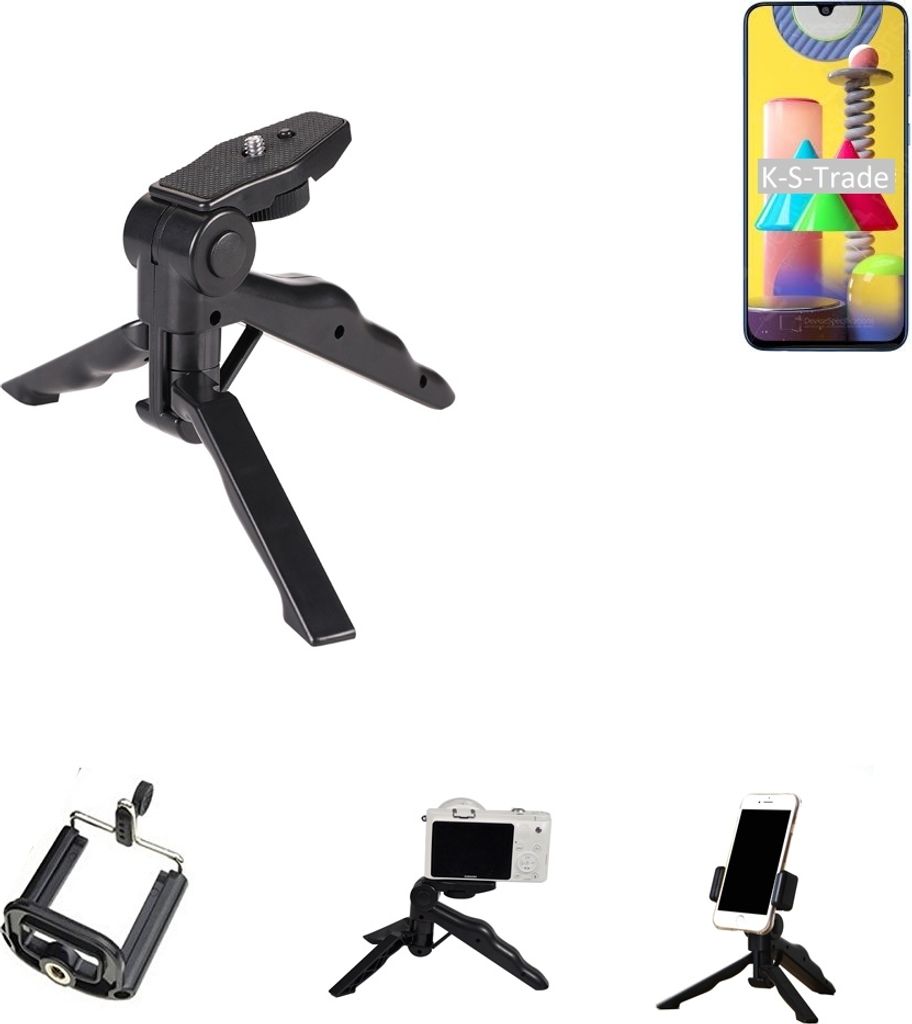 K-S-Trade Stativ Tisch-Ständer Dreibein Handy-Stativ Ständer kompatibel mit Samsung Galaxy M31 Mini-Stativ Smartphone Tripod Handy-Stativ aus