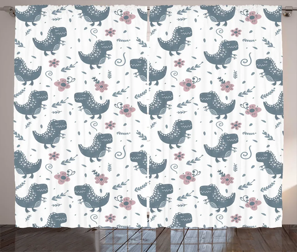 Rideau Fleurs et Dinosaures Violet et Rose en Tissu Rustique 280x225cm