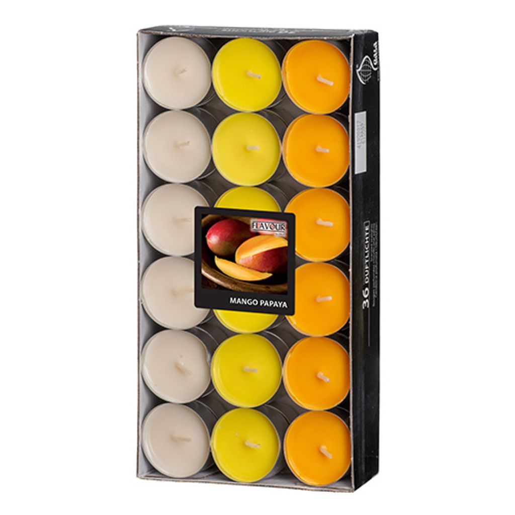 36 "Flavour by GALA" Duftlichte Ø 38 mm · 17 mm pfirsich - Mango-Papaya "Ton in Ton"