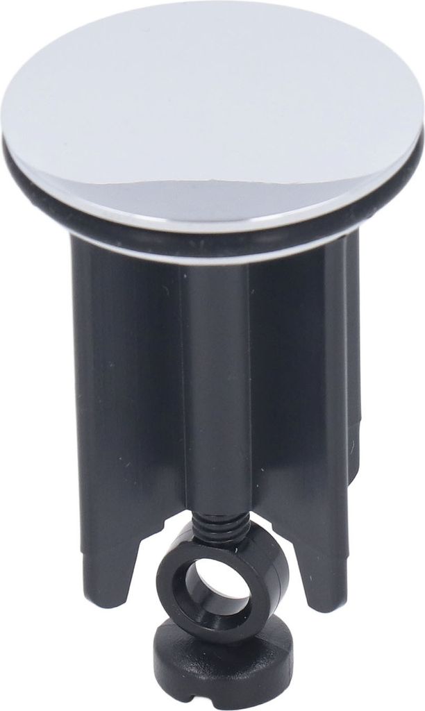 A bathroom drain stopper with a chrome-plated cap and a black plastic base.