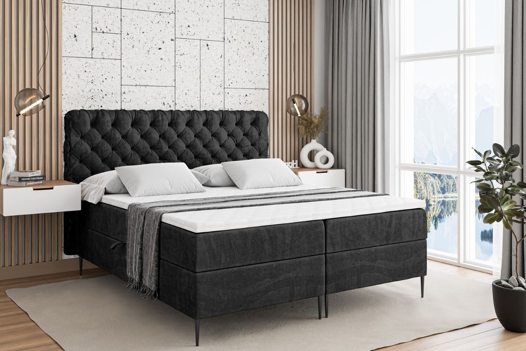 ALTDECOR Boxspringbett mit Schwarz Füßen, Matratze und Lattenrost, Boxbett, Topper, Polsterbett mit Bettkasten, Bett mit Stauraum H3-Matratze, D...