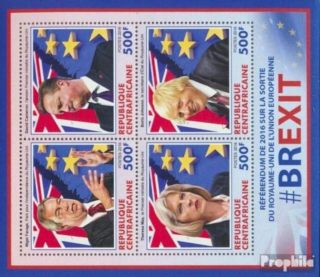 Briefmarken Zentralafrikanische Republik 2016 Mi 6390-6393 Kleinbogen (kompl. Ausgabe) postfrisch BREXIT