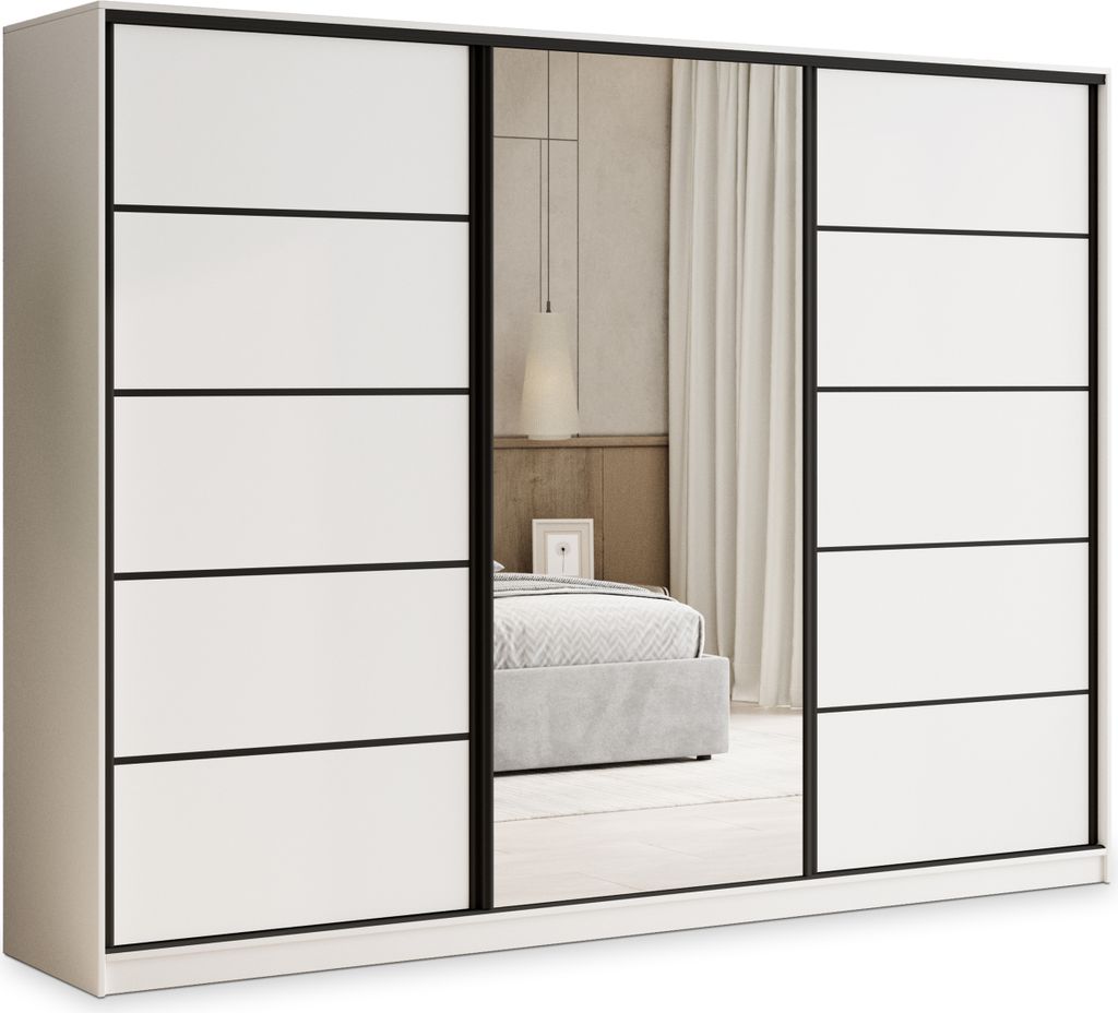 Masseno Schiebetürenschrank PINA 270/205/58 cm Kleiderschrank mit 4 Schubladen Schlafzimmer Schrank 3-türig mit Spiegel Weiß