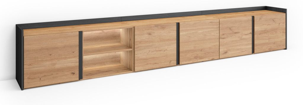 TV-Möbel Holzeffekt eiche und schwarz 309x35x50cm mit Led