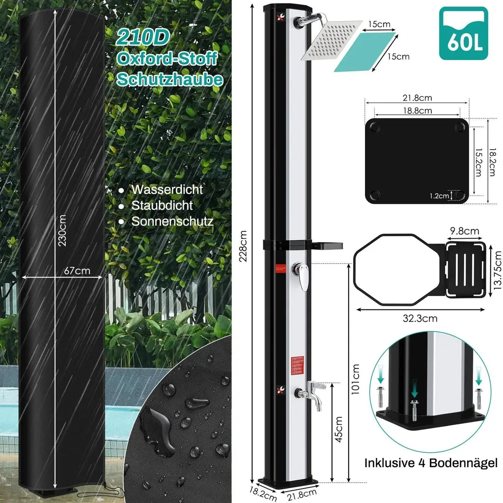 Douche d'extérieur solaire 60 l : grande colonne de jardin en aluminium