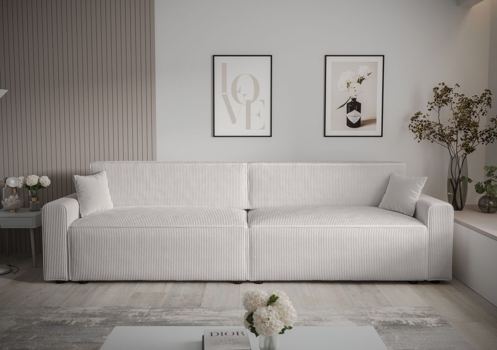 Schlafsofa Alvito 2X BIS, Farbe: Weiß. Material: Kord. A: B: 312 cm, H: 85 cm, L: 94 cm,, Sofa mit Bettkasten und Schlaffunktion, Bettsofa, Schlaf...