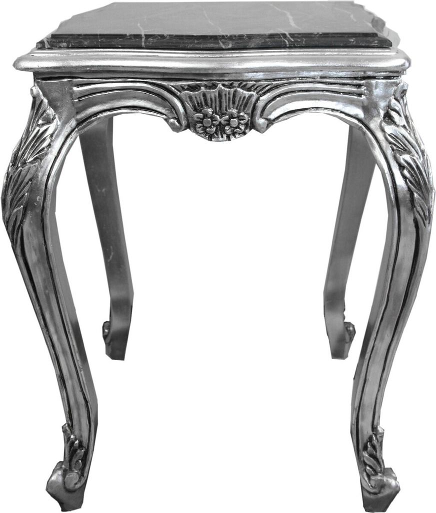 Casa Padrino Barock Beistelltisch Silber mit schwarzer Marmorplatte 52 x 52 x H. 65 cm - Barockmöbel Beistell Tisch