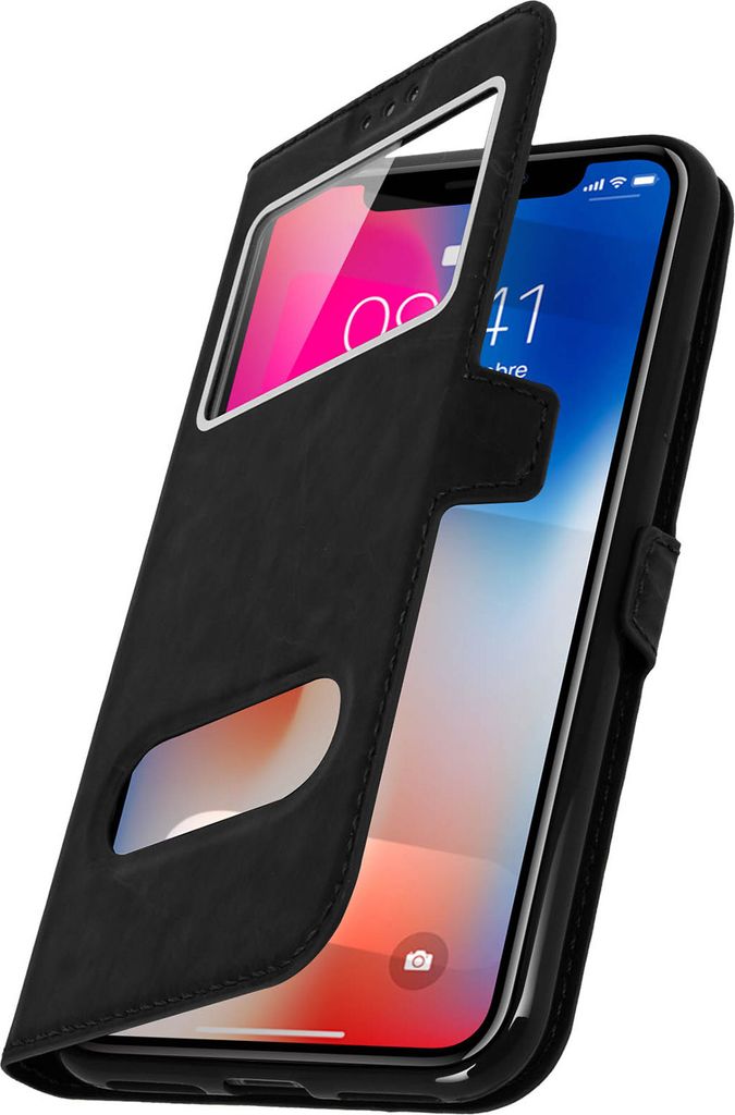 Flip-Schutzhülle mit Zwei Sichtfenster für Apple iPhone X – Schwarz