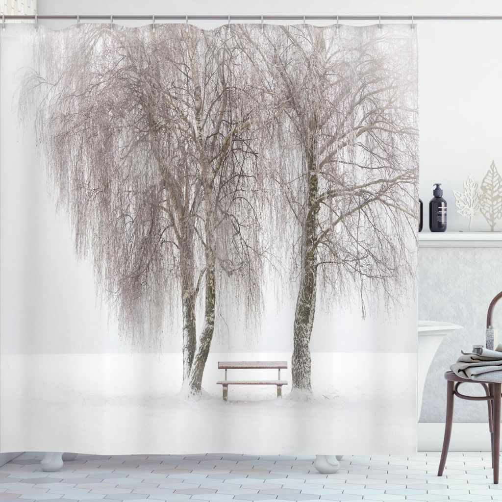 ABAKUHAUS Winter Duschvorhang, Bank Im Park An Einem Verschneiten Kalten Winter Tag Im Sturm Wind Feiertags Bild, 175 x 240 cm, Weiß Braun