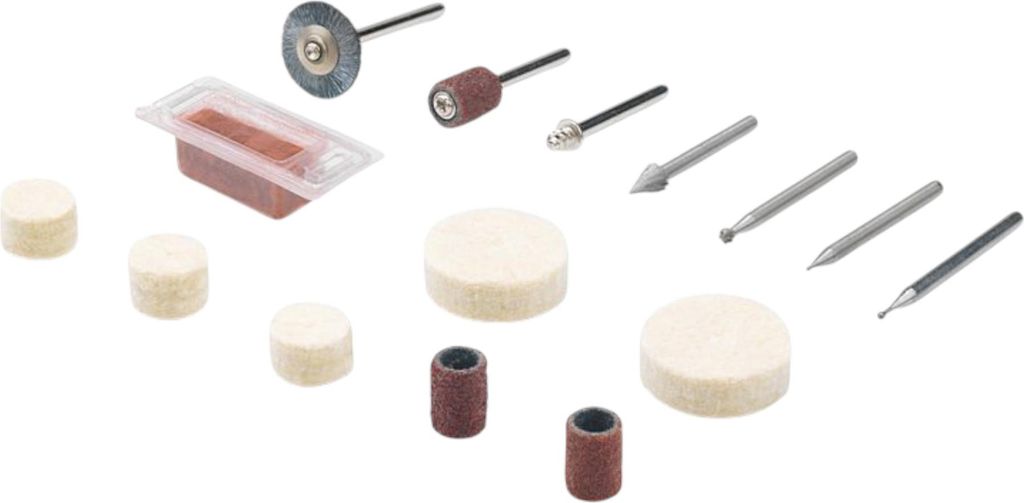 A collection of Dremel rotary tool accessories laid out on a white background.