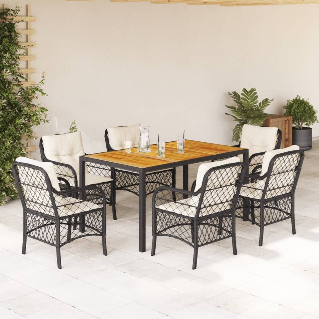 The Living Store 7-tlg. Garten-Essgruppe mit Kissen Schwarz Poly Rattan