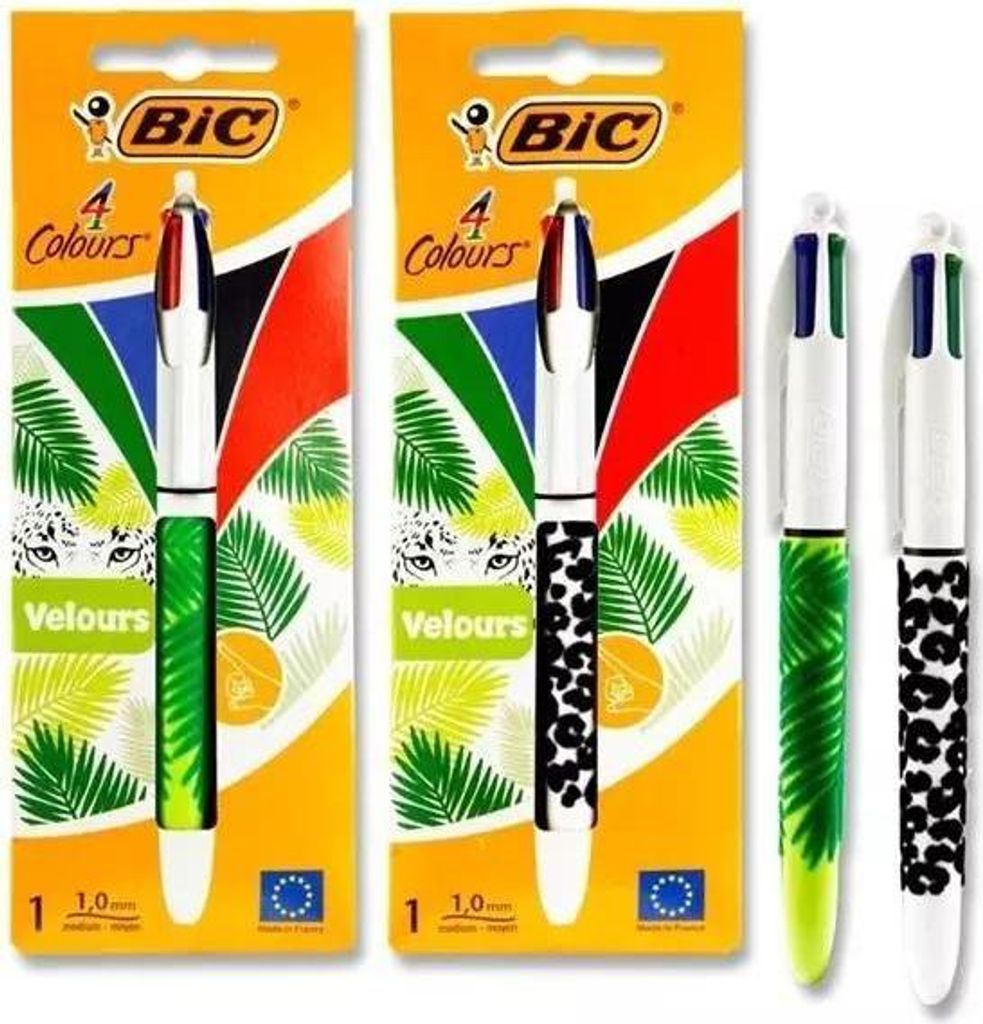 Bic - Colours Velours 4-Farben-Kreuzschreiber, mittel, klassische Tintenfarben, verschiedene Designs, im Blister
