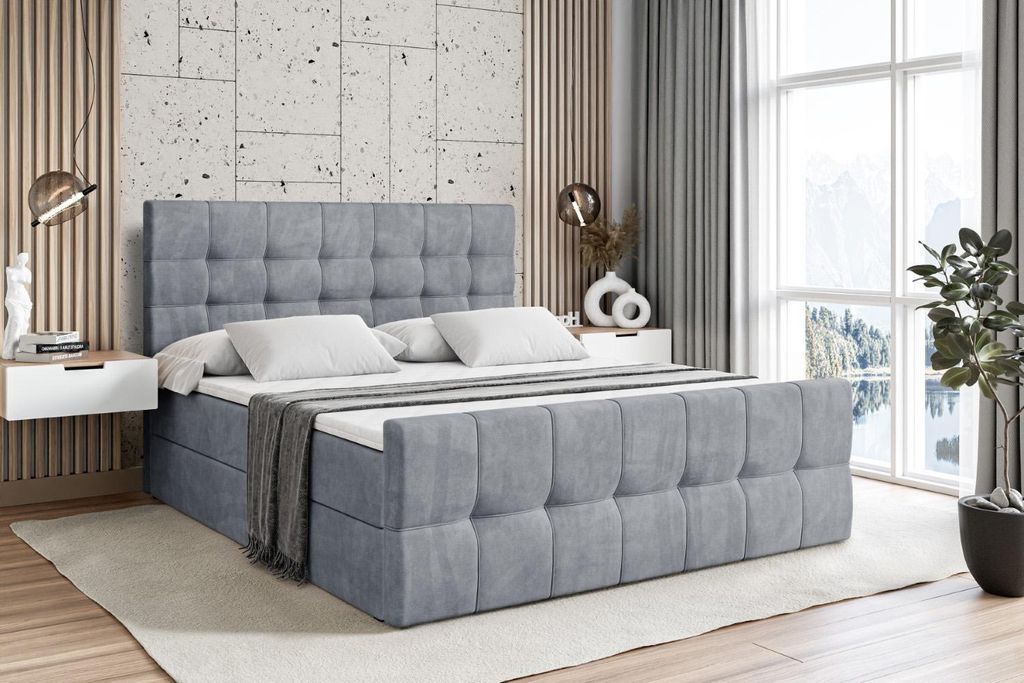 ALTDECOR Boxspringbett mit Matratze und Lattenrost - - BERO -Z - 200x200 cm - Grau Samt - Boxbett, Fußteil, Topper, Polsterbett mit Bettkasten, Be...