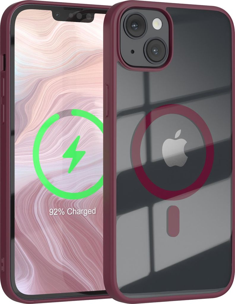 EAZY CASE Clear MagSafe Case für Apple iPhone 14 Plus, Qi-Charging, Silikon mit Kameraschutz, Bumper Case in Rot
