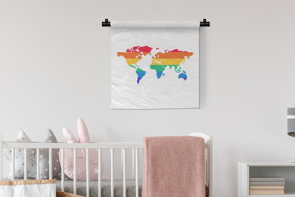MuchoWow Wandteppich Wandbehang Karte - Welt - Regenbogen 60x60 cm Tapisserie Dekoration Wandtuch - Dekorationen - Wand Decke