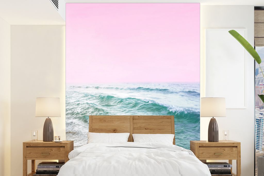 MuchoWow Fototapete für Wohnzimmer oder Schlafzimmer Wandtapete Vinyl Motivtapete Meer - Wellen - Rosa - Natur - 165x220 cm - Wanddekorationen
