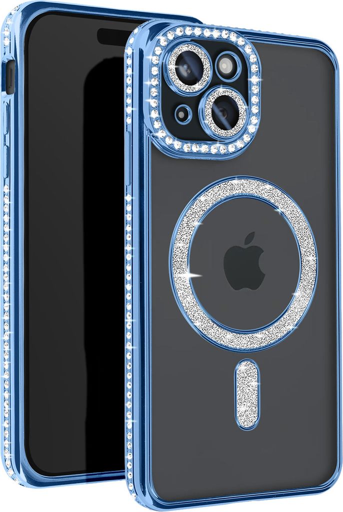 Avizar, Diamant-Hülle für iPhone 15 – MagSafe-Schutz mit Strass-Rand, Hellblau
