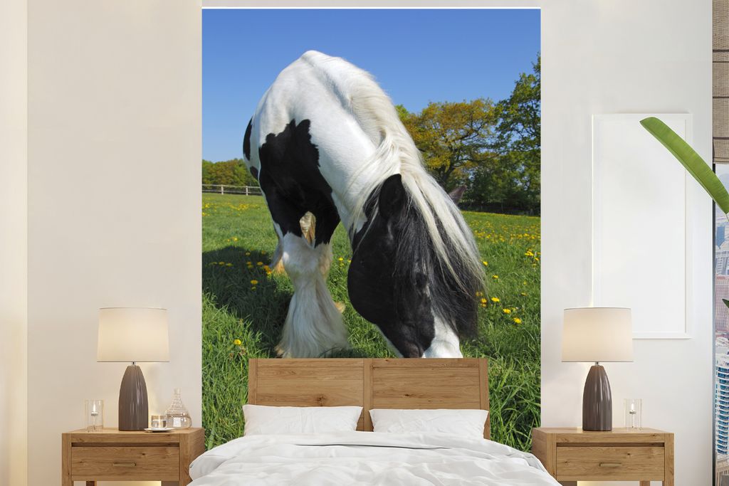 MuchoWow Fototapete für Wohnzimmer oder Schlafzimmer Wandtapete Vinyl Motivtapete Pferd - Gras - Licht - 225x350 cm - Schlafzimmer tapete