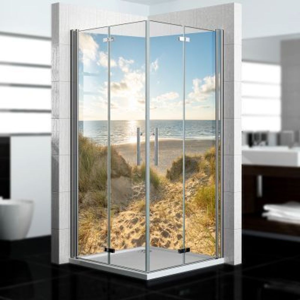 dedeco Eck-Duschrückwände Aluminium wasserfest Motiv: Dünengras V4, Nano-Protect seidenmatt, 2 x 90x200x0,3cm, Badrückwand, Fliesenersatz fugen...