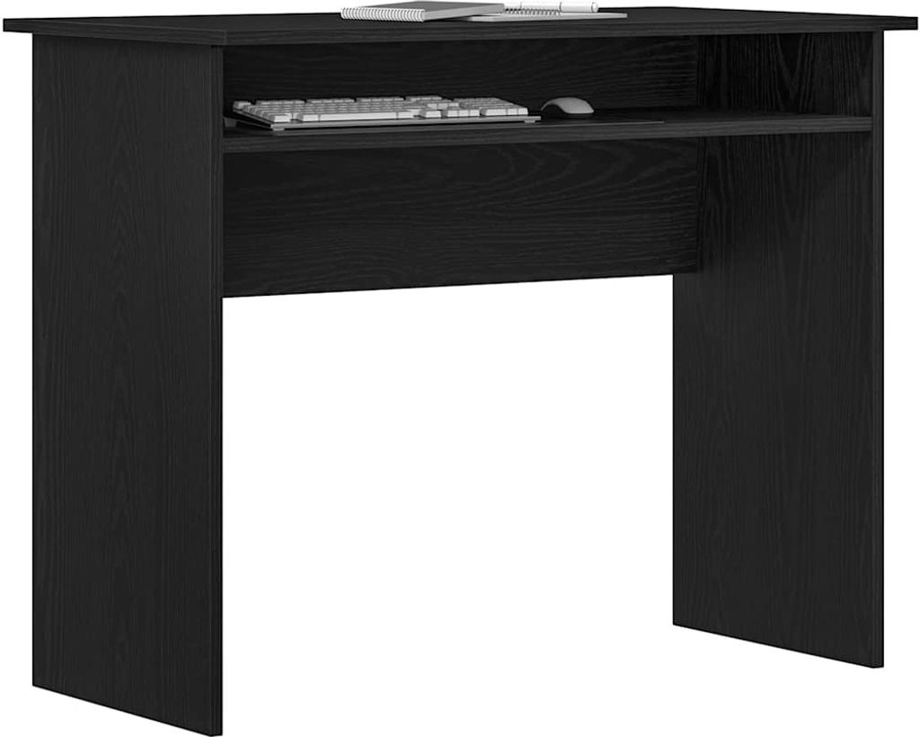 A black wooden desk with a shelf for a keyboard and mouse.