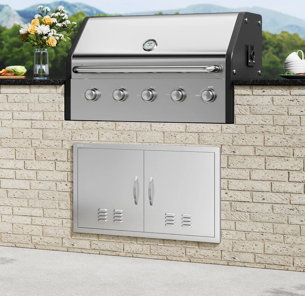 Porta di accesso al barbecue, 914 x 534 mm, Doppia porta per cucina esterna, Porta in acciaio inox a incasso, Porta verticale a parete con maniglie e fessure di ventilazione, per isola barbecue, stazione barbecue, mobile esterno - 8
