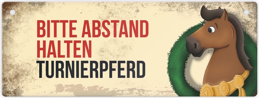 Bitte Abstand halten - Turnierpferd Metallschild XL mit braunem Turnierpferd