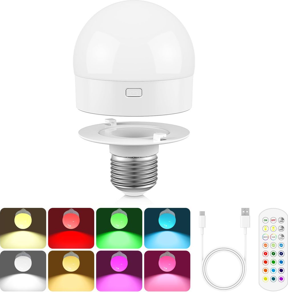 A disassembled LED light bulb with its base and a remote control, along with several color swatches.