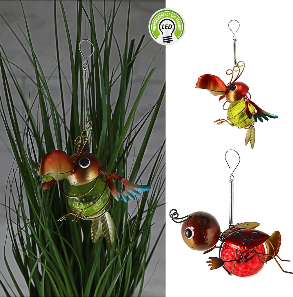 LED Tiere 2er Set zum Aufhängen Springfeder Marienkäfer Papagei bunt 15x12x6cm An-/Ausschalter Gartenfigur batteriebetrieben