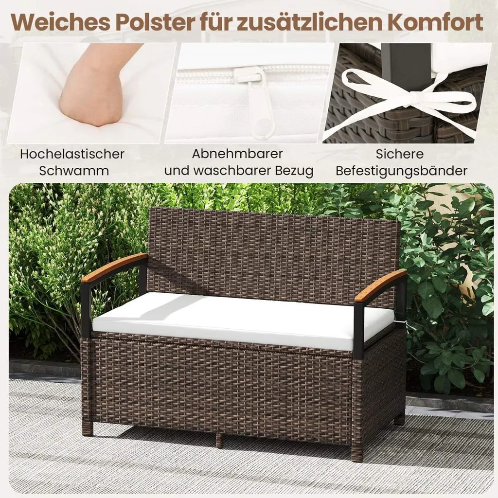 Banc d'extérieur en polyrotin blanc avec rangement et coussin - L120cm