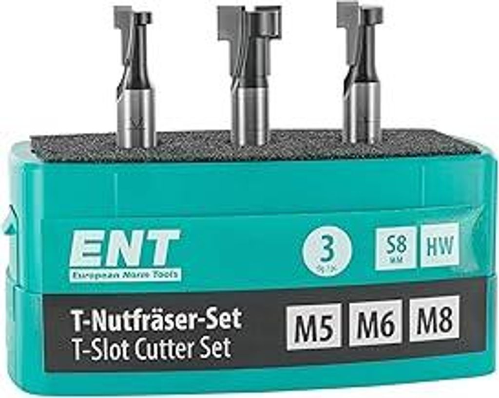 ENT 09003 3-tlg. HW T-Nutfräser-Set optimiert für M5 M6 und M8 Schrauben, HW, Schaft (S) 8 mm - Nuten fräsen für gängige Sechskantschrauben