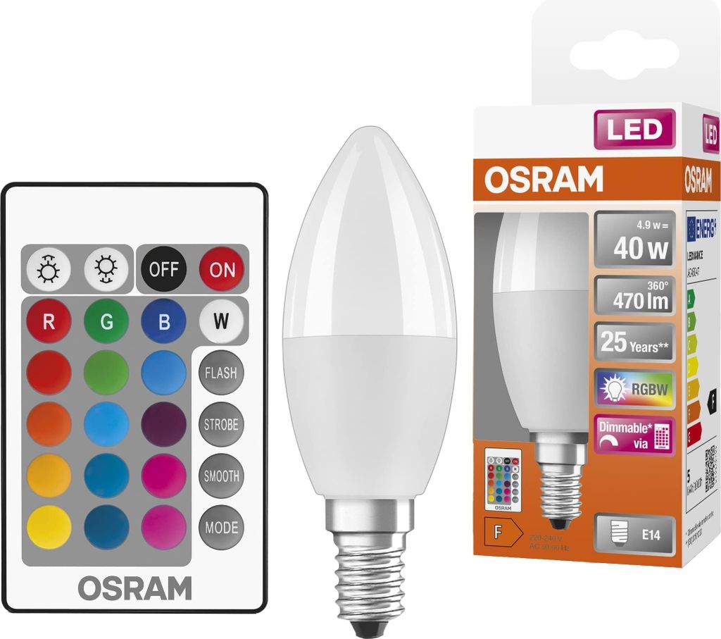 A product shot of an Osram LED candle light bulb and its remote control, along with its packaging.