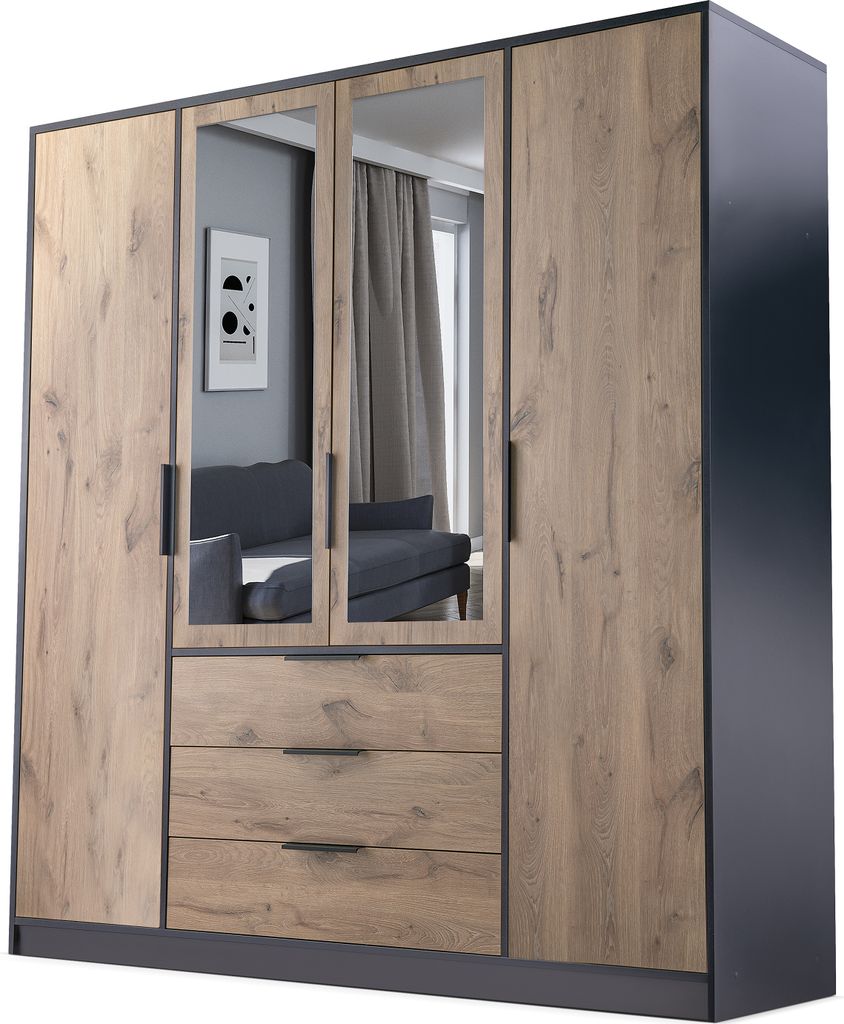 4ALLHOME Kleiderschrank KATI D4 196cm mit Spiegeltür und Schubladen, Modernes Design mit Stauraum, Viking-Eiche-Schwarz