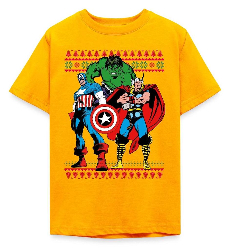 Spreadshirt Avengers Superhelden Weihnachtsmotiv Teenager T-Shirt, 152/164 (12-14 Jahre), Gold