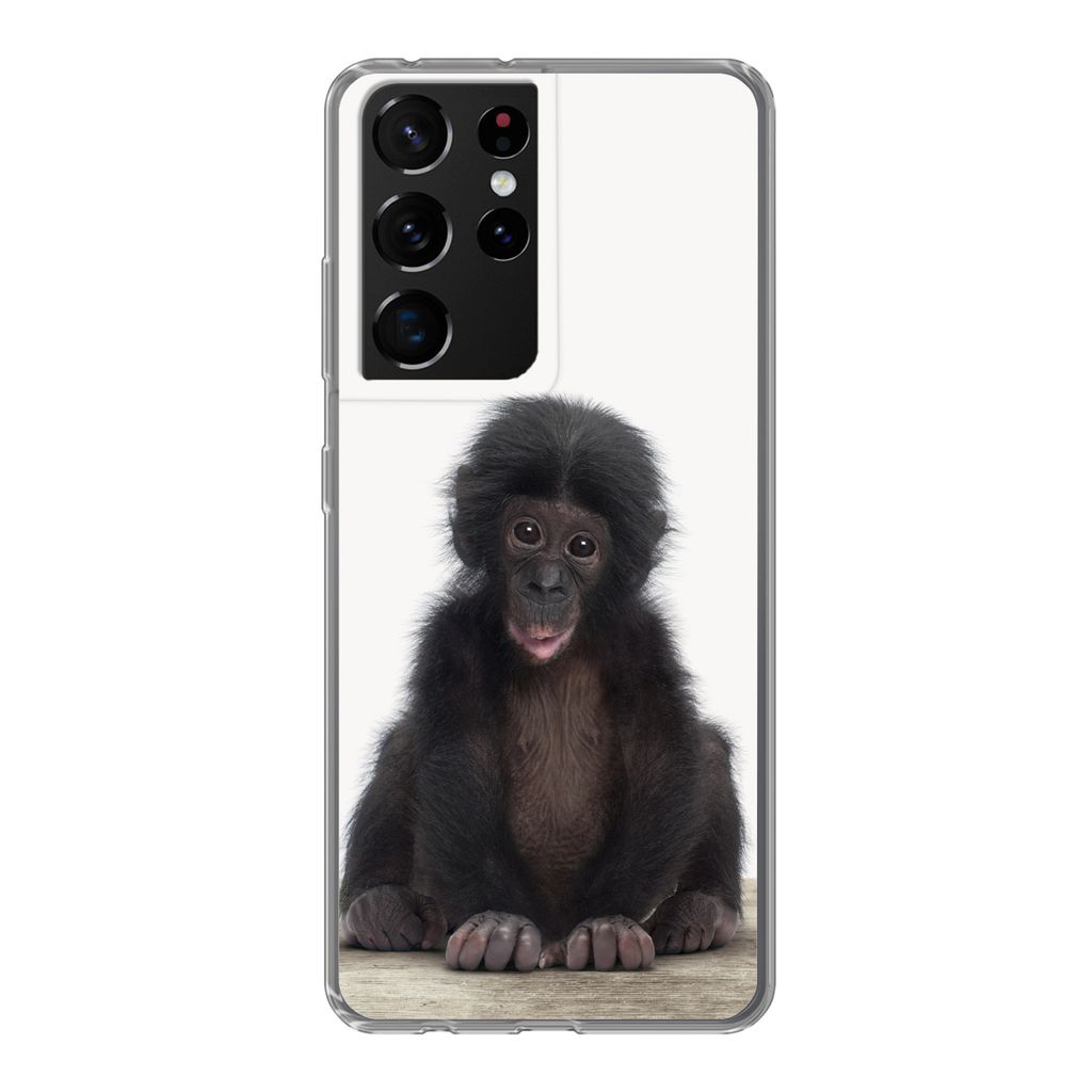 MuchoWow Handyhülle Schutzhülle Hülle für Samsung Galaxy S21 Ultra Kind - Affe - Schimpanse - Babytiere - Jungen - Mädchen Silikon Softcase ...