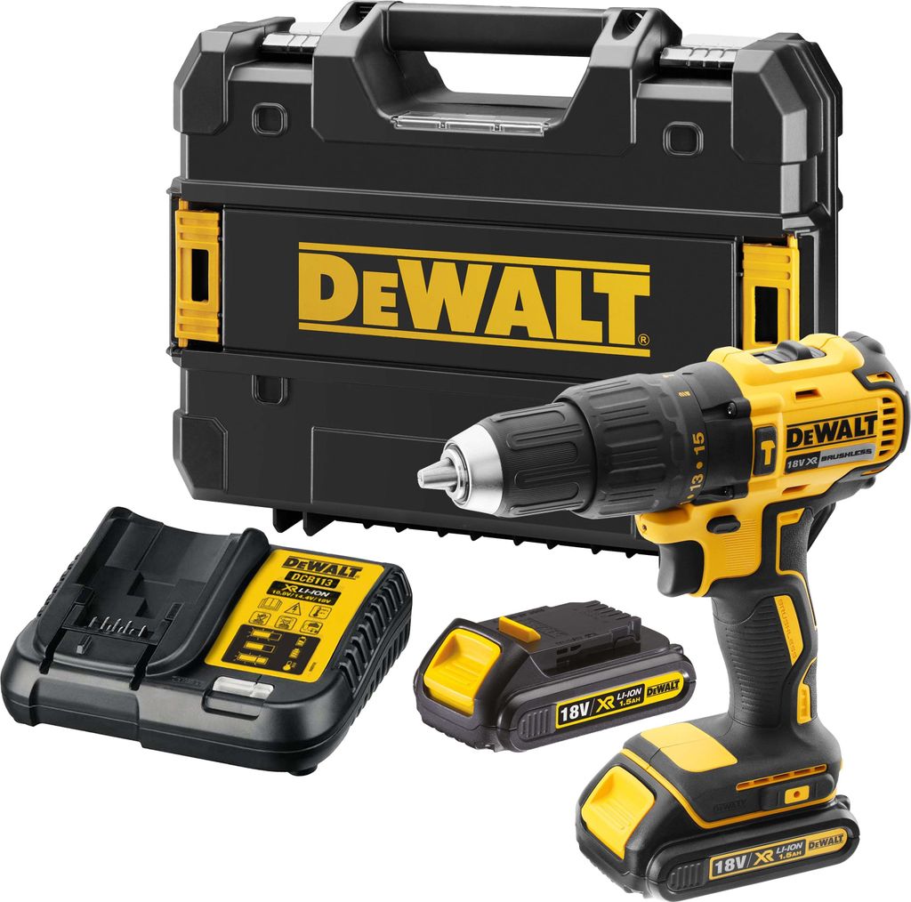 A DeWALT cordless drill set with accessories on a white background.