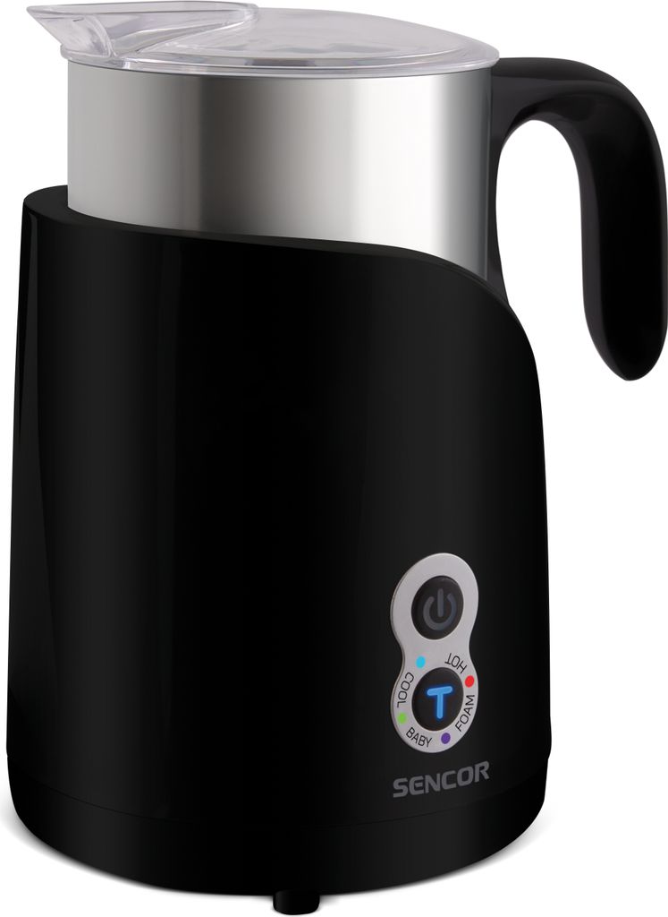 A black SENCOR milk frother and heater is shown against a white background.