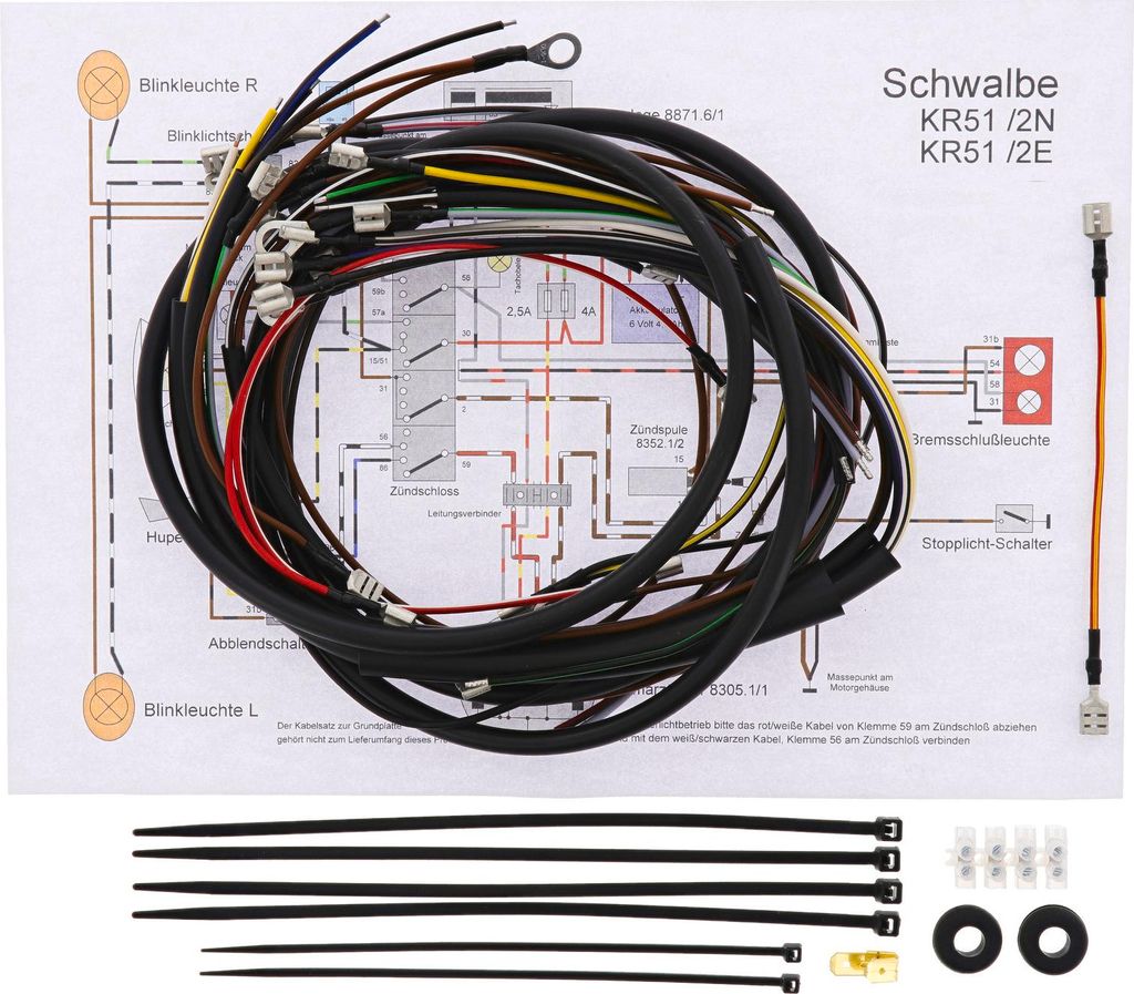 Kabelbaumset Schwalbe KR51/2 E, KR51/2 N, 6V-Unterbrecherzündung mit Schaltplan