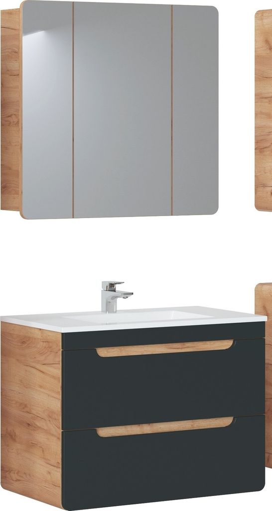 Badmöbel Set ARUBA COSMOS – EICHE-S 80 mit Waschbecken Matt Soft-Close Waschtisch Spiegelschrank