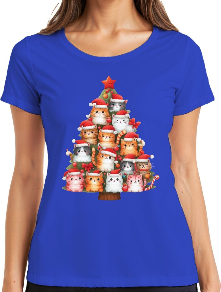 Katzen Weihnachtsbaum Katzenbesitzer - Weihnachten Weihnachtsgeschenk Christmas Damen T-Shirt, Blau, XL