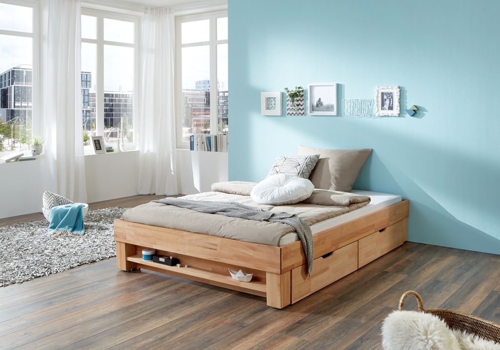 Relita Futonbett Manuela aus Kernbuche 180 x 200 cm, ohne Kopfteil, inkl. Regal und Bettschubladen, Oberfläche geölt