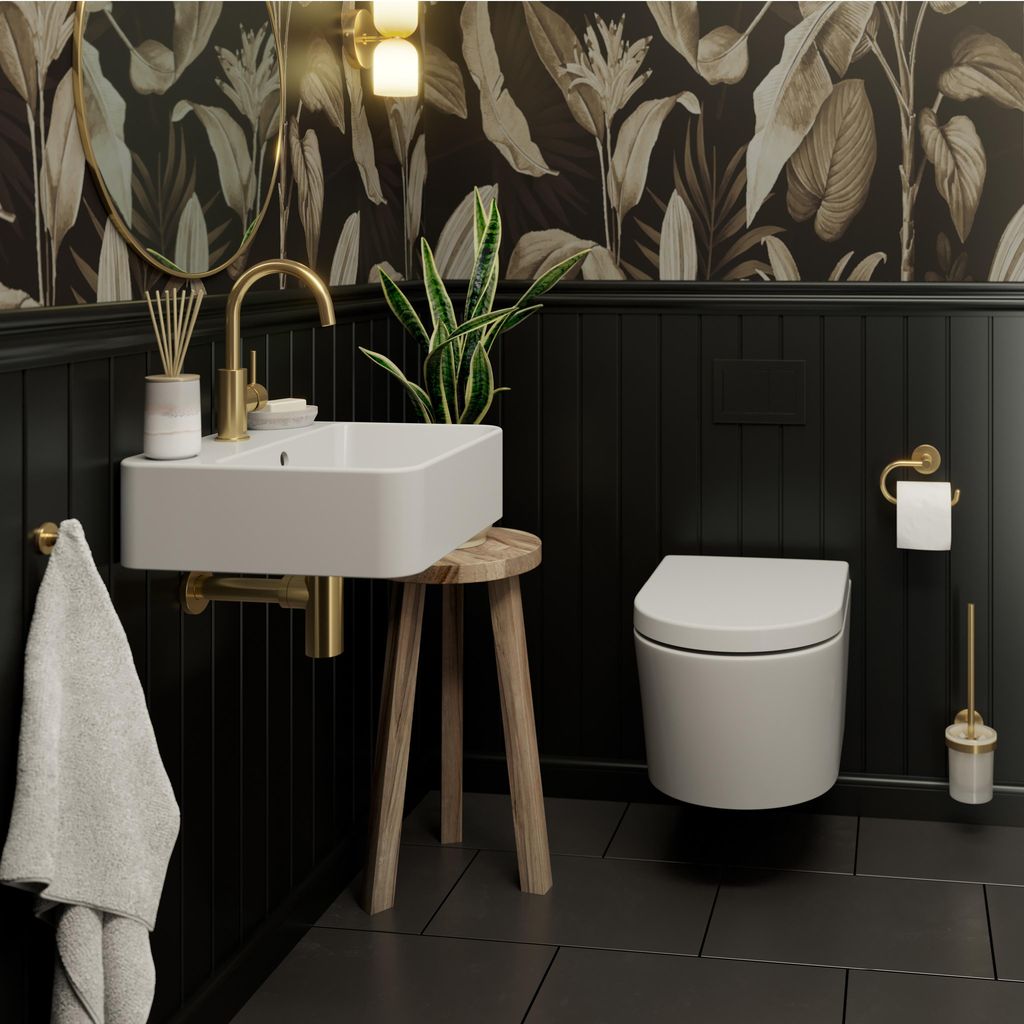 Lenz Gästebad-Set PERFECT FIT 8-teilig Gold – Wand-WC inkl. WC-Sitz mit Absenkautomatik, Waschtisch, sparsame Armatur, Siphon & Badaccessoire-Set